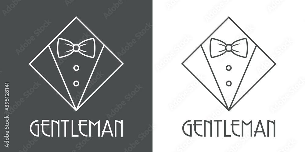 Logotipo con texto GENTLEMAN con esmoquin en rombo con lineas en fondo gris y fondo blanco Logotipo con texto GENTLEMAN con esmoquin en rombo con lineas en fondo gris y fondo blanco