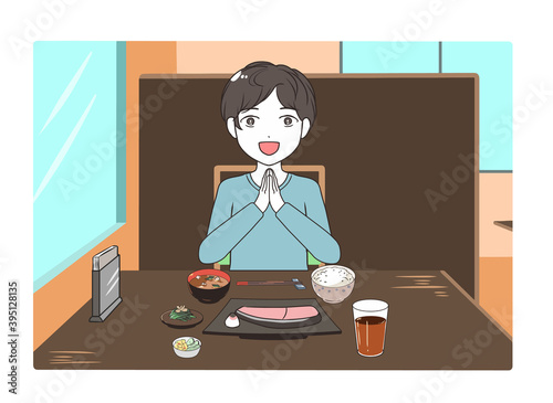 外食する男性　手を合わせる　昼