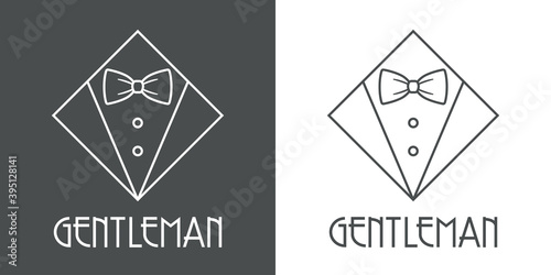 Logotipo con texto GENTLEMAN con esmoquin en rombo con lineas en fondo gris y fondo blanco