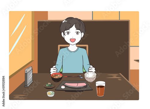 外食する男性　夕方