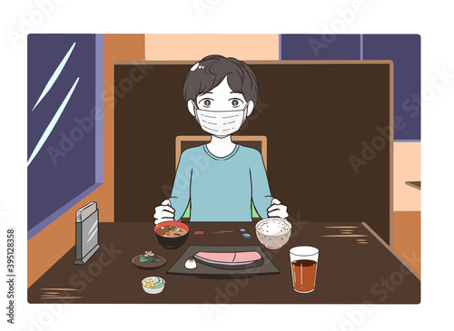 外食する男性　マスク　夜