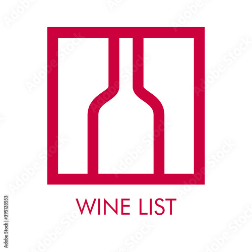 Logotipo con texto Wine List con botella de vino con lineas en cuadrado en color granate