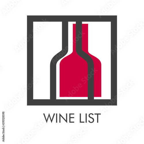 Logotipo con texto Wine List con botella de vino con lineas en cuadrado en gris y granate