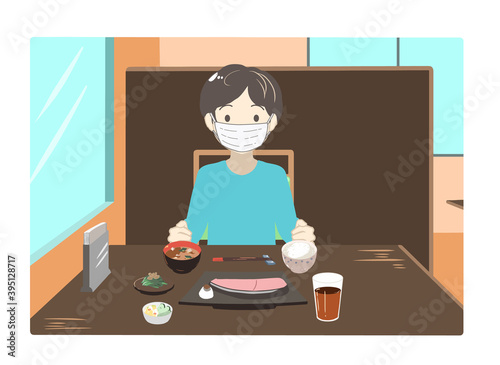 外食する男性　マスク　昼(線無し)
