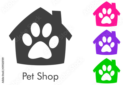 Cuidado de mascotas. Logotipo con texto Pet Shop con zarpa de gato en casa en varios colores