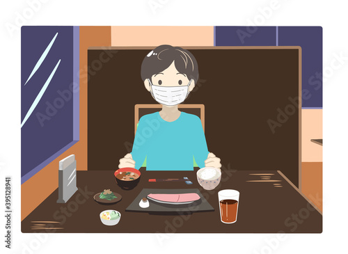 外食する男性　マスク　夜(線無し)
