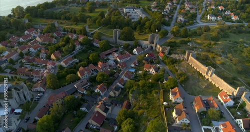 Aerial view over the old part of Visby inside the city walls, On the island of Gotland in Sweden.