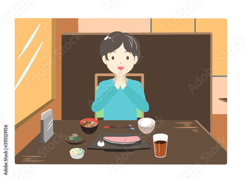 外食する男性　手を合わせる　夕方(線無し)
