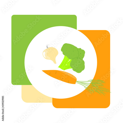 set of vegetables on a plate. healthy food logo. proper nutrition with health benefits.