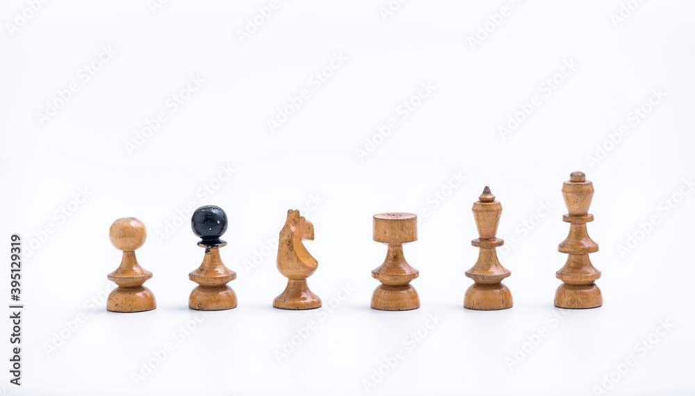 Old Chess Set - All Six white chess pieces on a white background with copy space
Old Chess Set - All Six white chess pieces on a white background with copy space