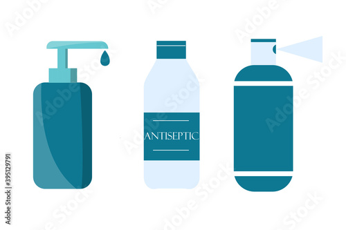 Disinfection. Hand hygiene. Hand sanitizer bottle set, spray, liquid soap.