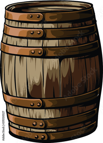 Old, hand drawn, wooden barrel with iron rings vector on white background.