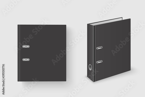 Vector 3d Closed Realistic Black Blank Office Binder with Metal Rings for A4 Paper Sheet Set Closeup Isolated on White Background. 4cm, 5cm. Design Template, Mockup, Front, Side, Back View