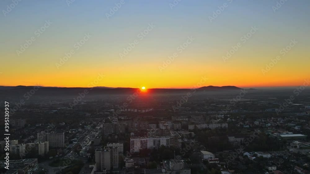 Amazing late sunset aerial view in the residential area on Uzhhorod city Zakarpattya UKRAINE