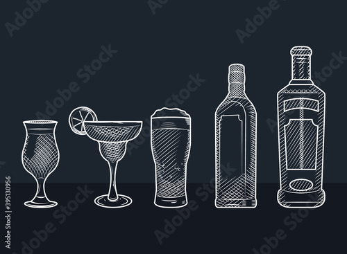 sketch design of alcoholic drinks, sketch style