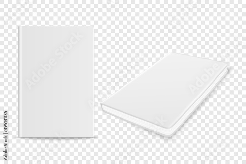Vector 3d Realistic White Closed Blank Paper Notebook Set Isolated on Transparent Background. Design Template of Copybook, Diary for Mockup, Advertise, Logo Print. Front, Top View