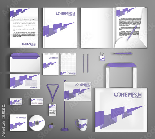White design corporate identity template with purple arrow. Business branding stationery set.