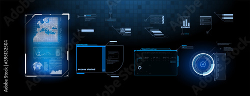 Futuristic Vector HUD Interface Screen Design. Digital callouts titles. HUD UI GUI futuristic user interface screen elements set. High tech screen for video game. Sci-fi concept design.