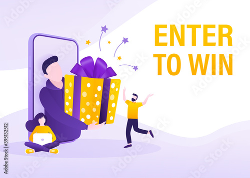 Cartoon character enter to win prizes. Holiday banner. Vector design banner. Win prize. Vector illustration.