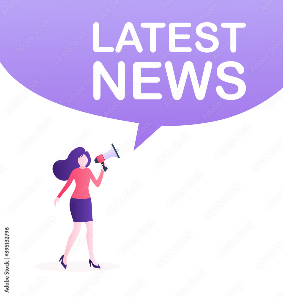 Latest news woman with megaphone. Vector design illustration. Breaking news headline template. Business concept. Latest news woman with megaphone. Vector design illustration. Breaking news headline template. Business concept.