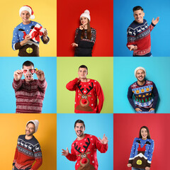 Collage with photos of men and women in different Christmas sweaters on color backgrounds