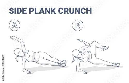 Side Plank Crunch Female Home Workout Exercise Guide Illustration Outline Concept