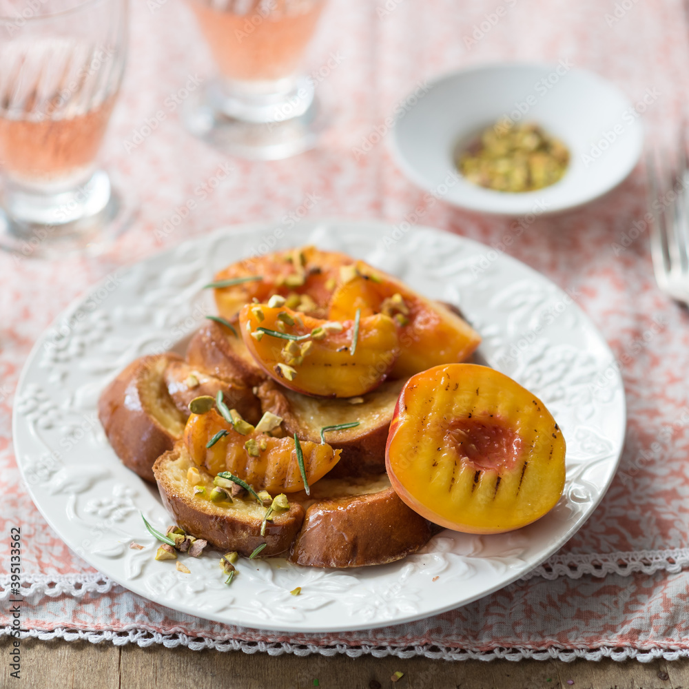 Brioche French Toast with Grilled Peaches and Pistachios Brioche French Toast with Grilled Peaches and Pistachios