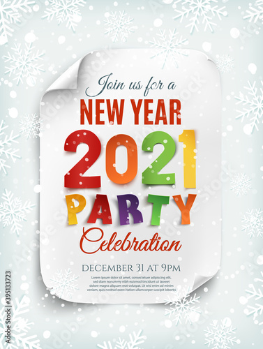 New Year 2021 party poster template with snow and snowflakes.