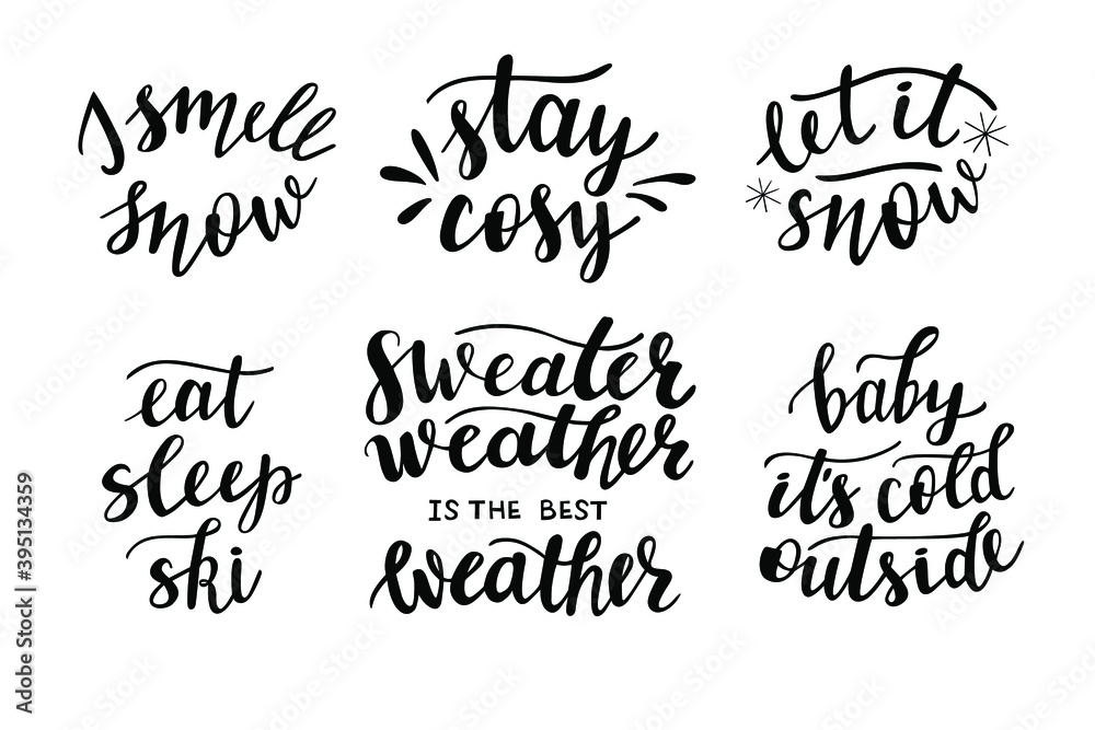 Set of 6 hand lettering vector. Christmas season and winter quotes and ...