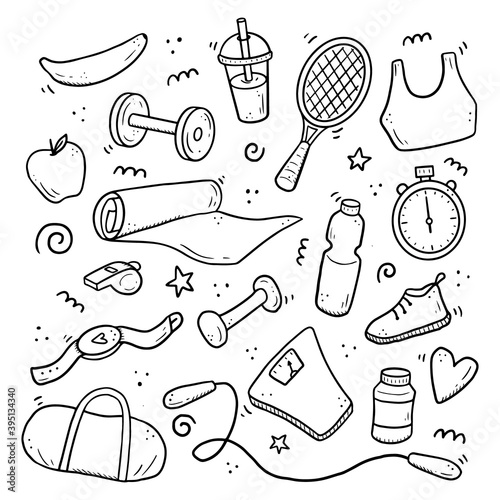 Hand drawn set of fitness, gym equipments, activity lifestyle concept. Doodle sketch style. Sport element drawn by digital brush-pen. Illustration for icon, frame, background.