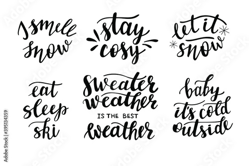 Set of 6 hand lettering vector. Christmas season and winter quotes and phrases for cards, banners, posters, mug, scrapbooking, pillow case, phone cases and clothes design. 