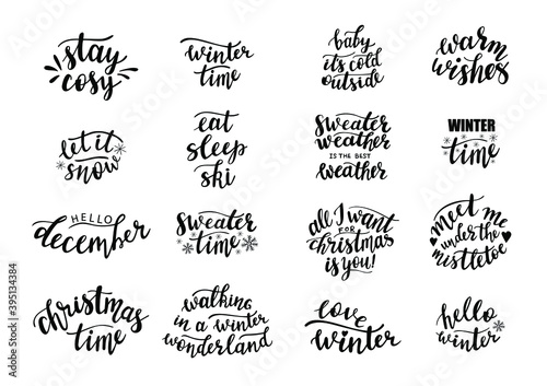 Set of 16 hand lettering vector. Christmas season and winter quotes and phrases for cards, banners, posters, mug, scrapbooking, pillow case, phone cases and clothes design. 