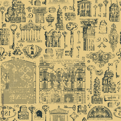 Seamless pattern on the theme of architecture, houses and buildings. A worn-out aged vector background with hand-drawn old buildings, architectural elements, and keys. Wallpaper, wrapping paper