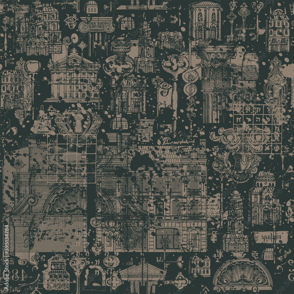 Abstract seamless pattern on a theme of architecture, vintage buildings and houses. Creative vector background with hand-drawn buildings, architectural elements and old keys in black and brown colors