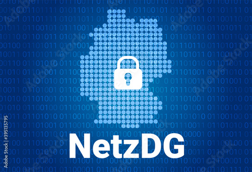 Network Enforcement Act. NetzDG in Germany. Blue map of Germany on a blue background with a binary code. Vector background