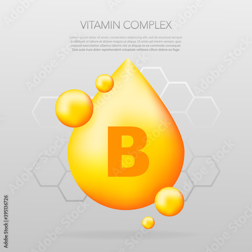 Vitamin B shining pill capcule icon. Shining golden substance drop. Meds ads. Beauty treatment nutrition skin care design. Vector illustration.