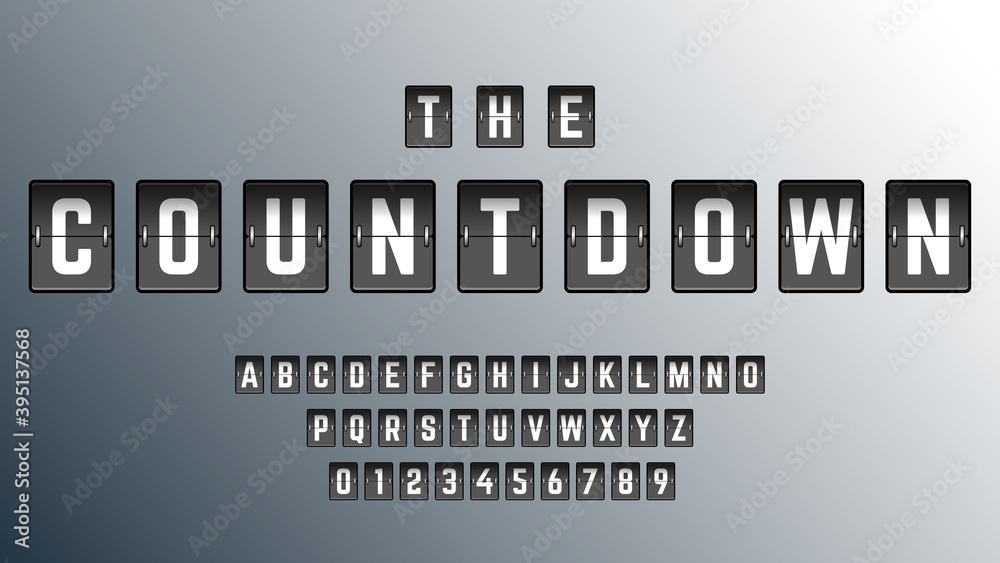 Countdown alphabet font template. Set of letters and numbers airport