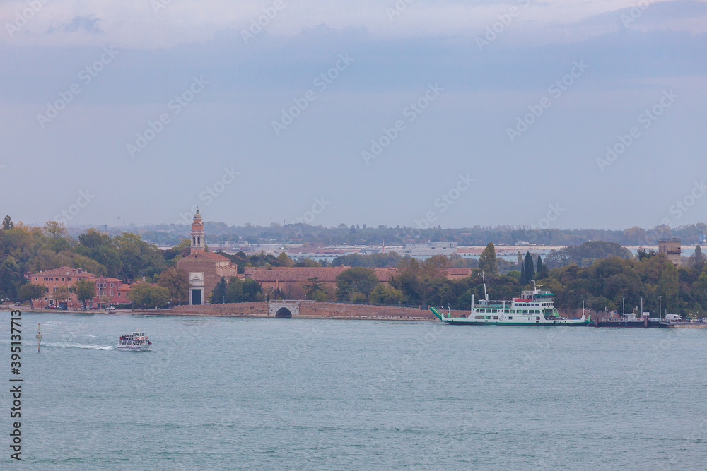 View of the ferry dock on the island of Lido near the church of San Nicolo, Venice, Italy