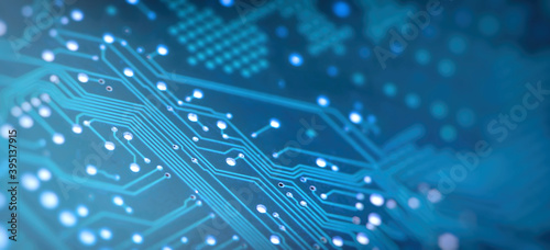 High Tech Circuit Board. Creative blurry blue circuit wallpaper. Technology and computing concept. Network Technology Background .