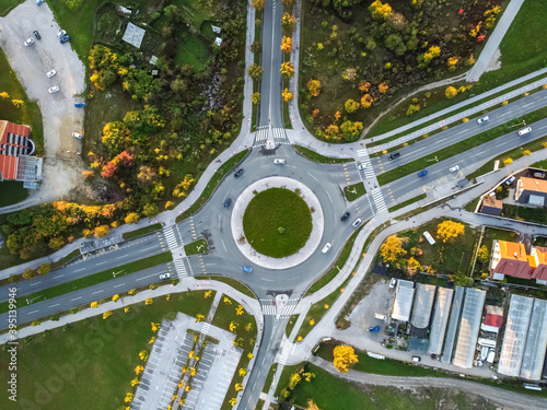 autumn roundabout with traffic top aerial drone view photo