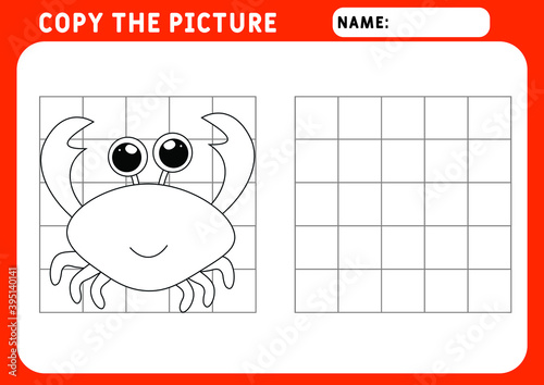Funny little Crab coloring page. Educational game for children. Copy the picture. Illustration and vector outline - A4 paper, ready for printing.