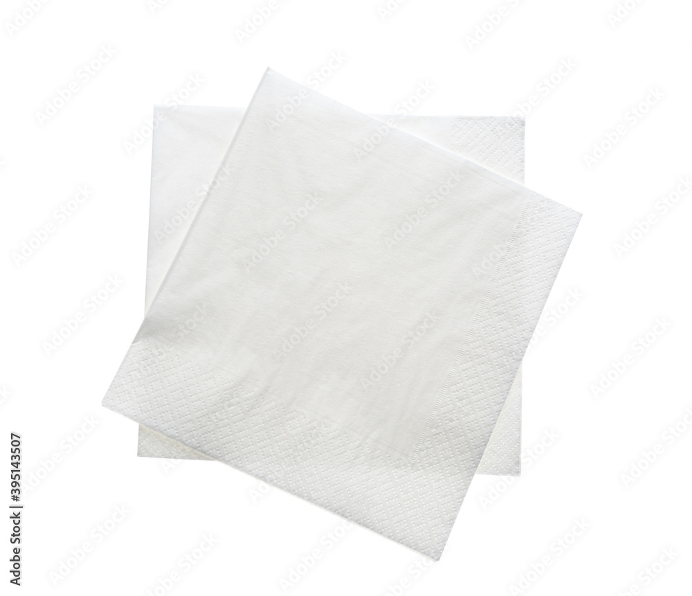 Clean paper tissues on white background, top view