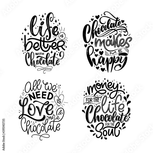 Chocolate hand lettering quotes set. Warm Christmas winter word composition. Vector design elements for t-shirts, bag, poster, card, stickers and menu