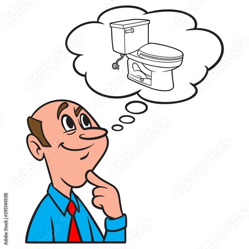 Thinking about a Toilet - A cartoon illustration of a man thinking about a Toilet.