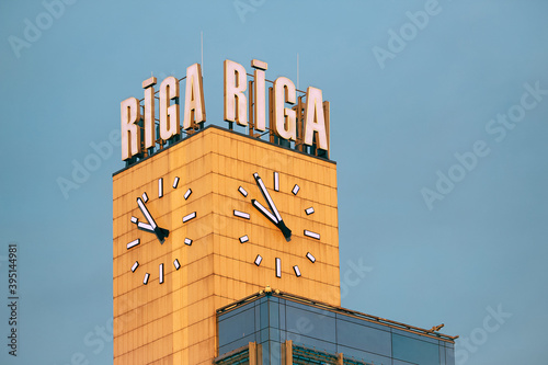 Tower of main railstation building at sunset in Riga, Latvia. photo