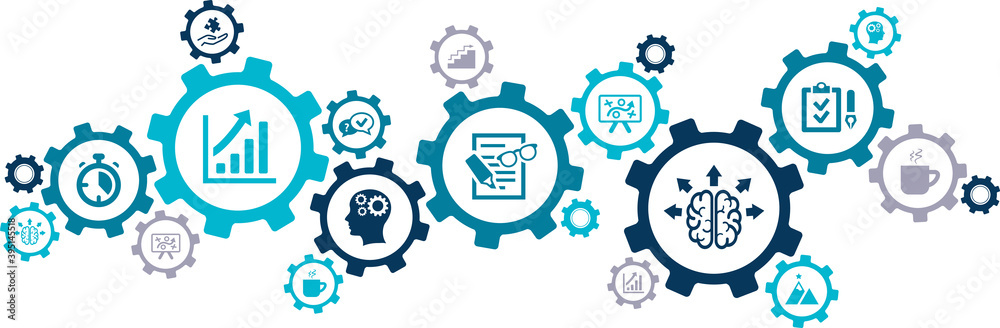 productivity vector illustration. Concept with connected icons related to efficiency, work and workflow improvement or optimization, increase in output or getting things done. - obrazy, fototapety, plakaty 