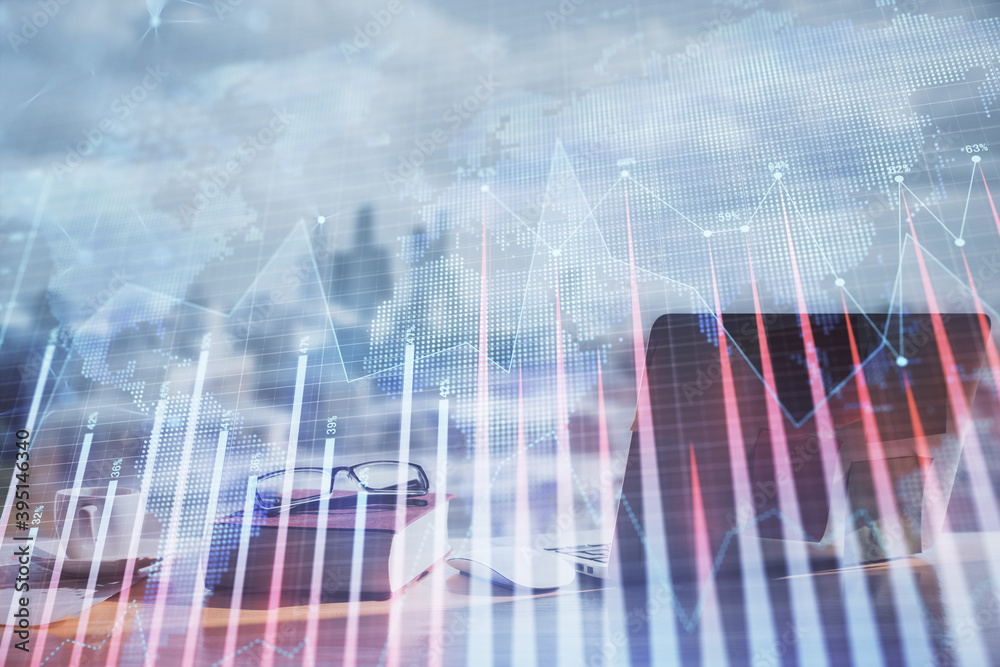 Double exposure of financial chart drawings and desk with open notebook background. Concept of forex market Double exposure of financial chart drawings and desk with open notebook background. Concept of forex market