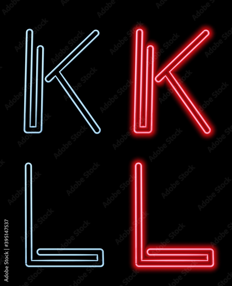 Alphabet made with neon lit letters. Letters K, L, with light on and off. 3D render on black background. Template gif ease.
Alphabet made with neon lit letters. Letters K, L, with light on and off. 3D render on black background. Template gif ease.