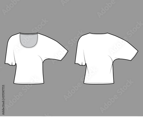 Top with elbow batwing sleeves technical fashion illustration with relax fit, under waist length, round neckline. Flat apparel blouse template front back white color. Women men unisex shirt CAD mockup
