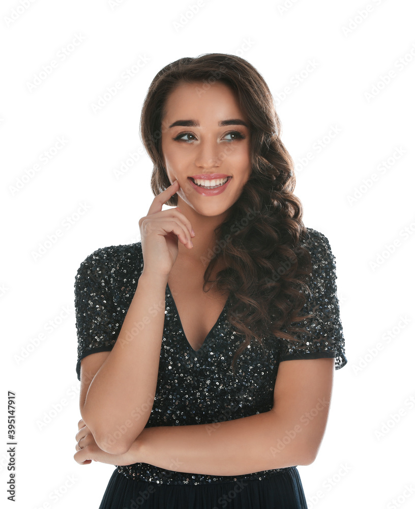 Beautiful young woman wearing elegant dress on white background. Christmas party Beautiful young woman wearing elegant dress on white background. Christmas party